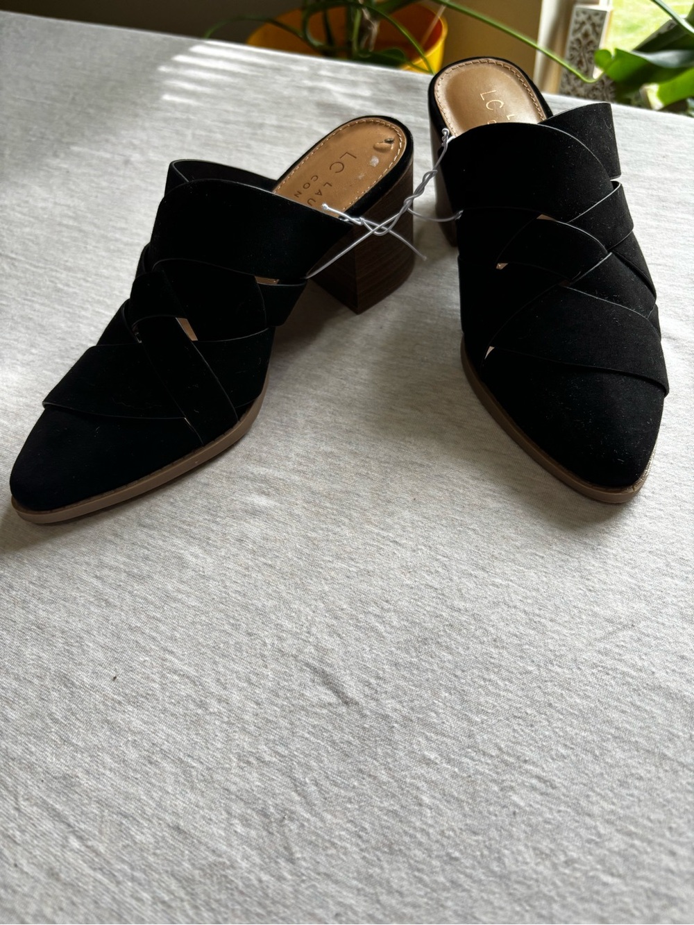 LC Lauren Conrad Black Suede Braided Pointed Toe Mule Block Heels Sz 6